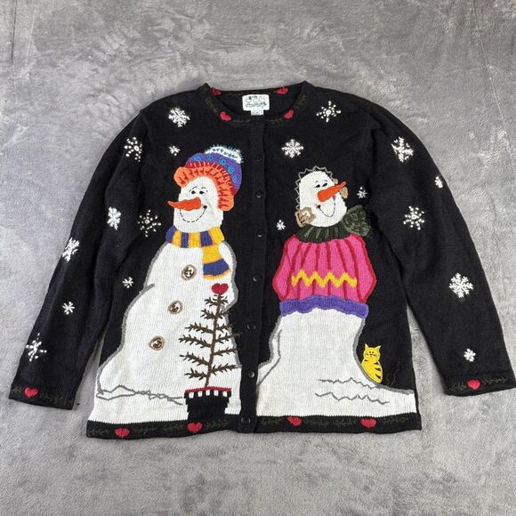 Vintage The Quacker Factory Sweater Womens Medium Snowman Christmas Cat 90s - Picture 1 of 12
